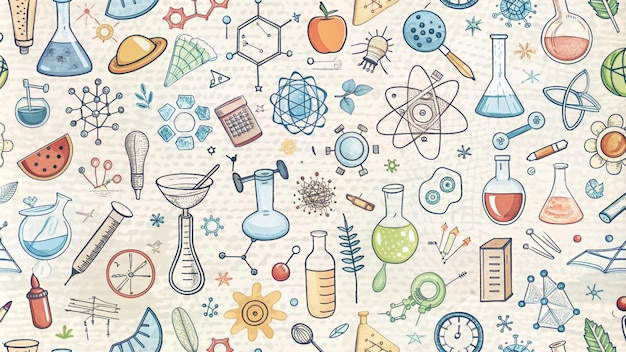 Modello scientifico con bicchieri molecolari e altri elementi scientifici