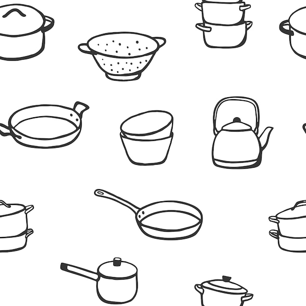 Modello semplice senza cuciture con una pentola, una ciotola, un colander e una padella