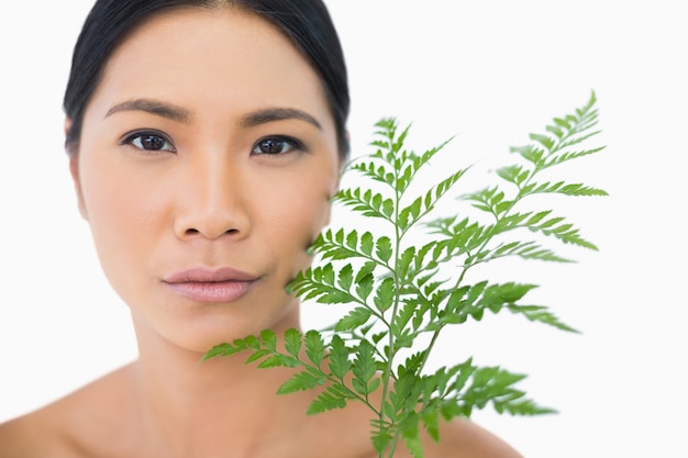 Modello sensuale dai capelli scuri sensuale con la felce che accarezza il suo viso