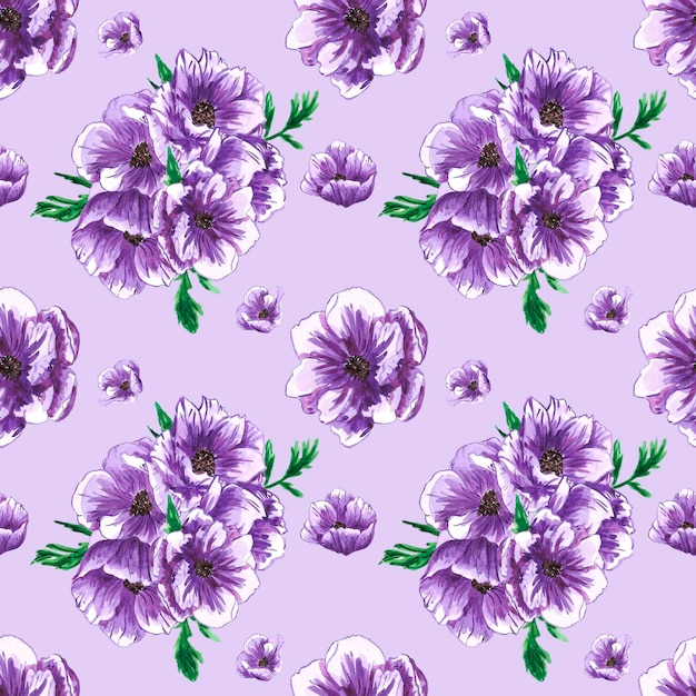 Modello senza cuciture anemone disegnato a mano Fiori viola acquerello con foglie verdi su sfondo viola