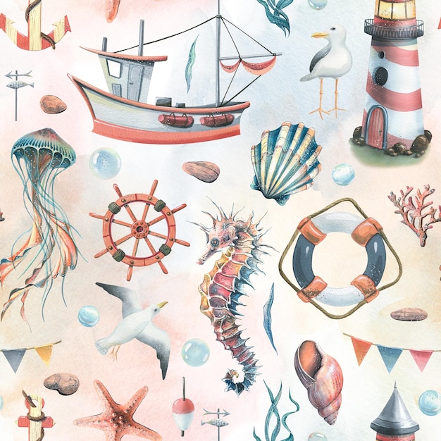 Modello senza cuciture con abitanti marini sottomarini un faro e una barca Illustrazione ad acquerello su sfondo bianco con lavaggi della collezione SYMPHONY OF THE SEA