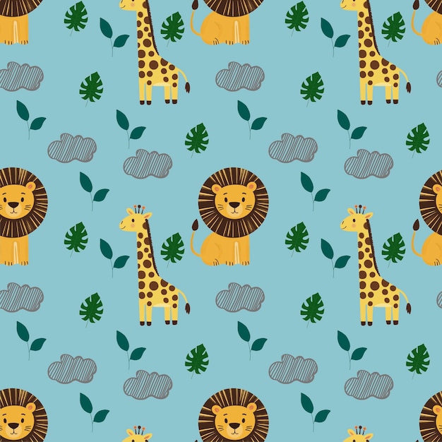 modello senza cuciture con animali per bambini illustrazione leoni e giraffe su uno sfondo blu
