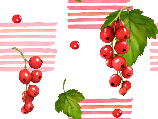 Modello senza cuciture con bacche rosse con strisce Ribes acquerello isolato su sfondo bianco Clip art rami di bacche