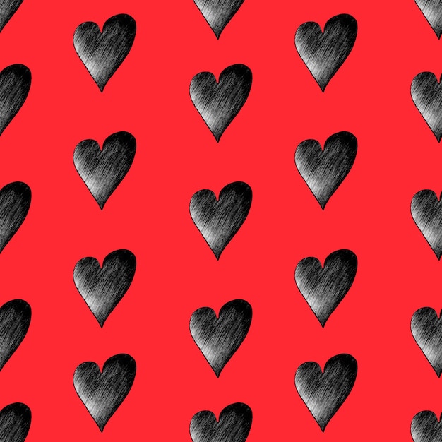 Modello senza cuciture con cuori Sfondo di San Valentino disegnato a mano Cuori neri su sfondo rosso Carta digitale disegnata da matite colorate
