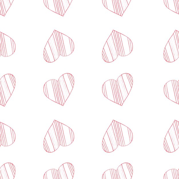Modello senza cuciture con cuori Sfondo di San Valentino disegnato a mano Cuori rossi su sfondo bianco Carta digitale disegnata da matite colorate