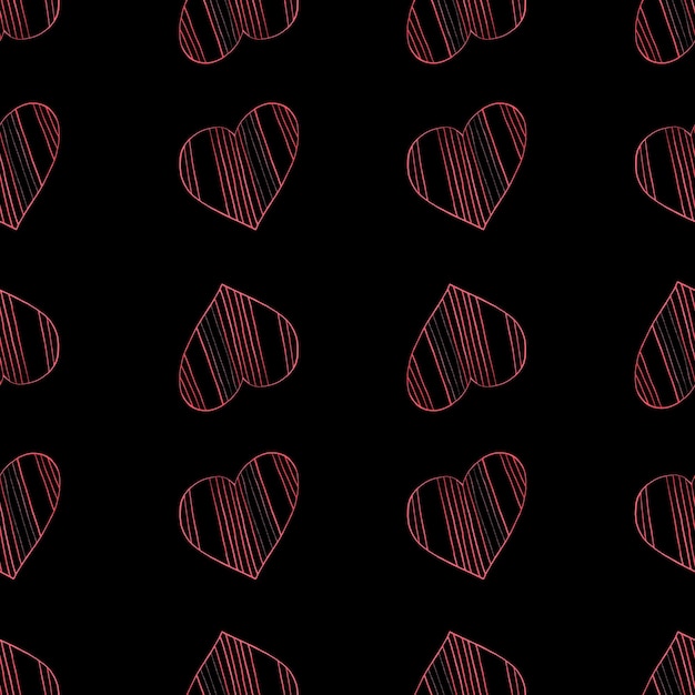 Modello senza cuciture con cuori Sfondo di San Valentino disegnato a mano Cuori rossi su sfondo nero Carta digitale disegnata con matite colorate