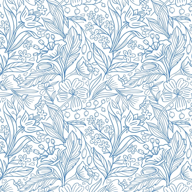 Modello senza cuciture con fiori blu e foglie su sfondo bianco.