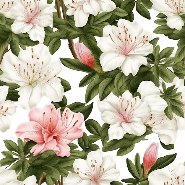 Modello senza cuciture con fiori di azalea rosa e bianco su sfondo bianco.