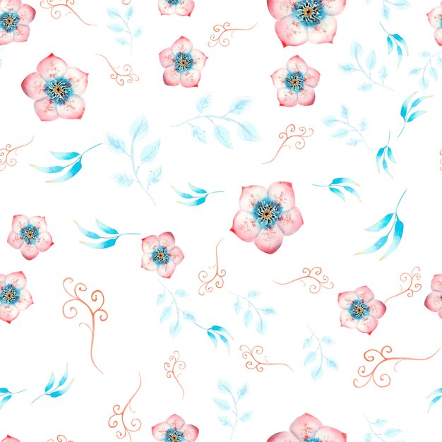 Modello senza cuciture con fiori di elleboro rosa, boccioli, foglie, ramoscelli decorativi su bianco isolato. Illustrazione ad acquerello, fatta a mano.