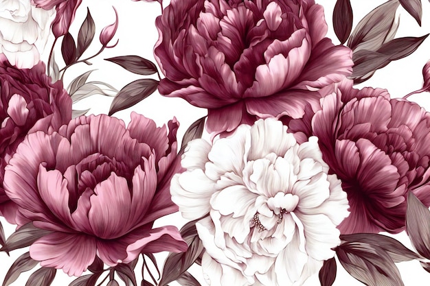 Modello senza cuciture con fiori di peonia Illustrazione disegnata a mano