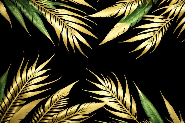 Modello senza cuciture con foglie tropicali e foglie gialle e verdi su sfondo nero.
