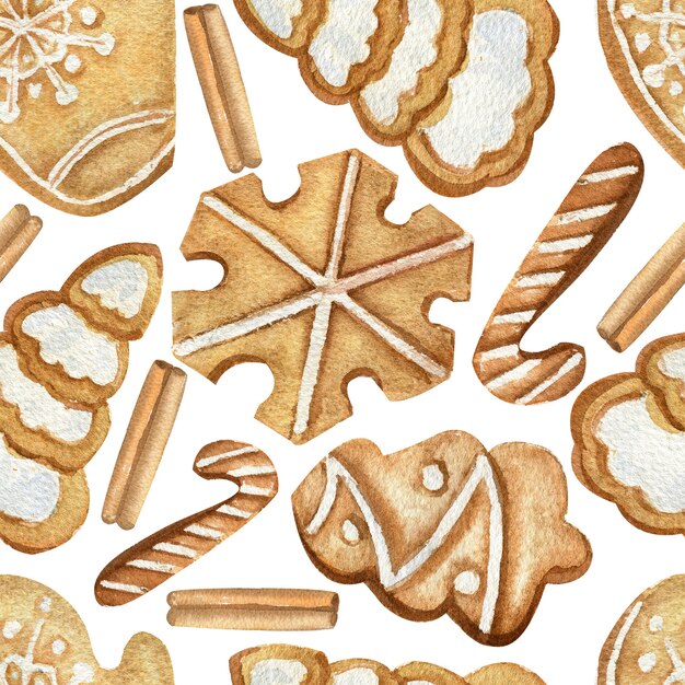 Modello senza cuciture con i biscotti di Natale su sfondo bianco isolato. Illustrazione dell'acquerello di inverno.