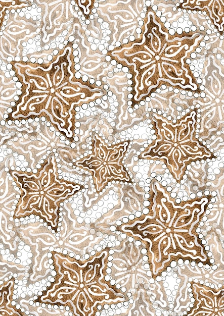 Modello senza cuciture con pan di zenzero di Natale a forma di stelle su sfondo bianco