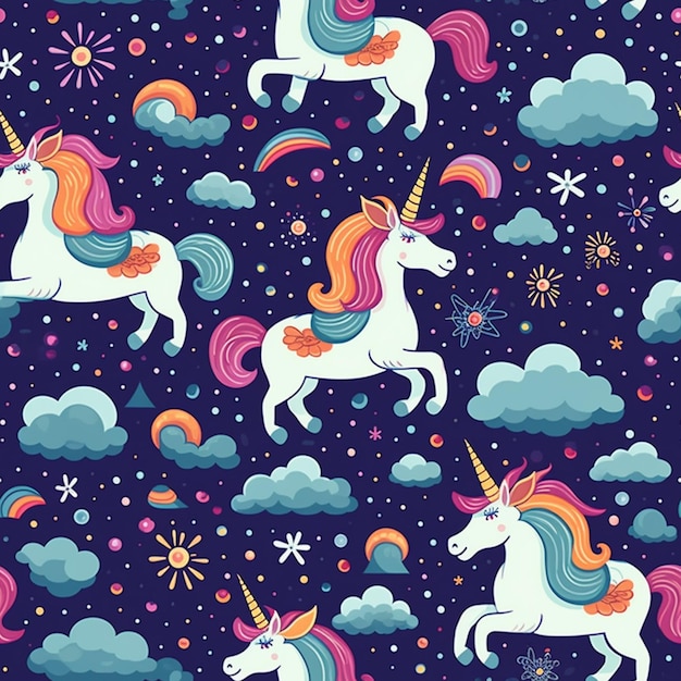 Modello senza cuciture con unicorni e stelle generative ai