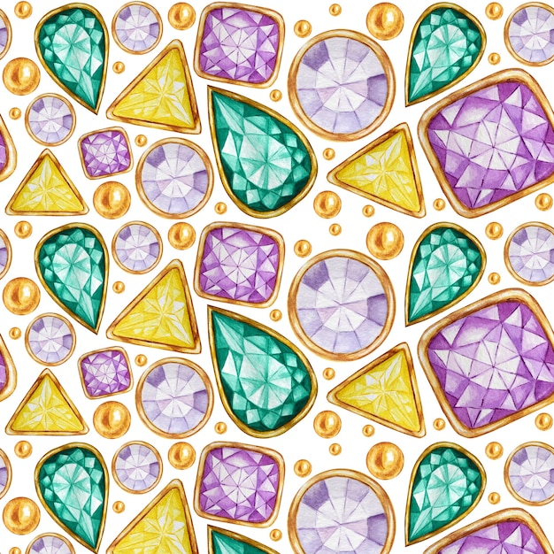 Modello senza cuciture Cristallo in una cornice dorata e perline di gioielli. Diamante della pietra preziosa dell'acquerello disegnato a mano. Colori vivaci Struttura del tessuto. Sfondo bianco per scrapbooking
