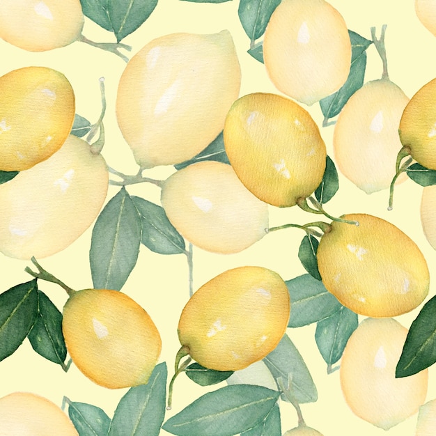 Modello senza cuciture d&#39;annata dell&#39;acquerello, ramo del limone fresco della frutta giallo dell&#39;agrume