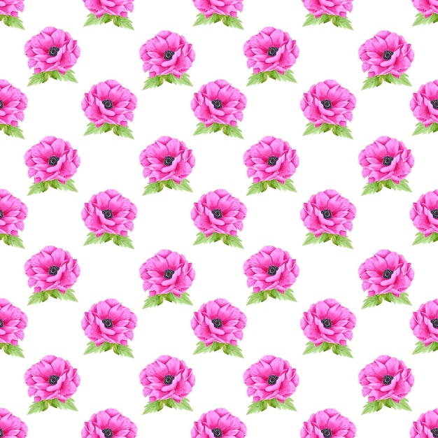 Modello senza cuciture del fiore dell'anemone rosa dell'acquerello disegnato a mano isolato su sfondo bianco Può essere utilizzato per la carta da imballaggio in tessuto