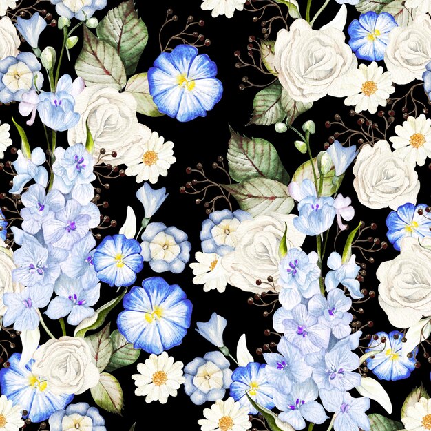 Modello senza cuciture dell'acquerello con rose di fiori selvatici e fiori di delphinium Illustrazione