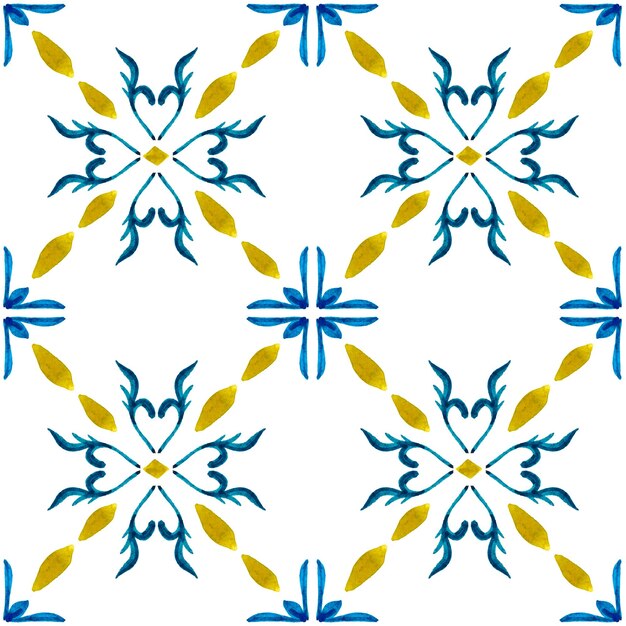 Modello senza cuciture dell'acquerello di Azulejo. Piastrelle di ceramica tradizionali portoghesi. Fondo astratto disegnato a mano. Opere d'arte ad acquerello per tessuti, carta da parati, stampa, design di costumi da bagno. Modello azulejo blu.