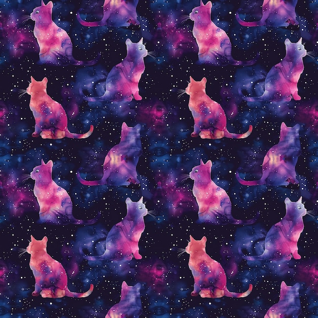 modello senza cuciture di acquerello gatti spaziali colorati