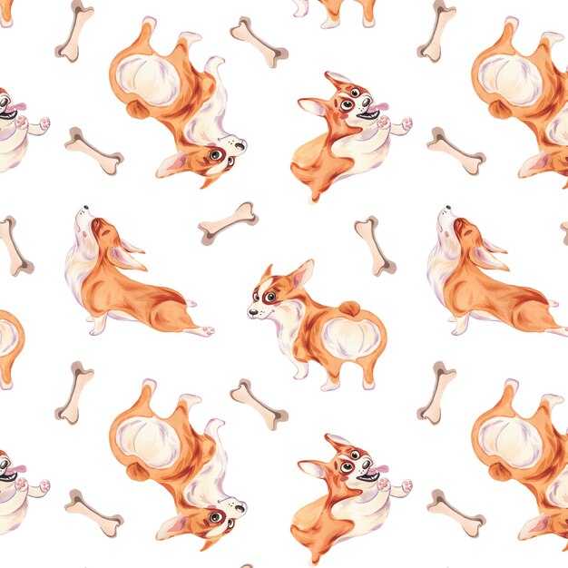 Modello senza cuciture di cani corgi con un osso Carattere divertente Illustrazione acquerello Cucciolo carino