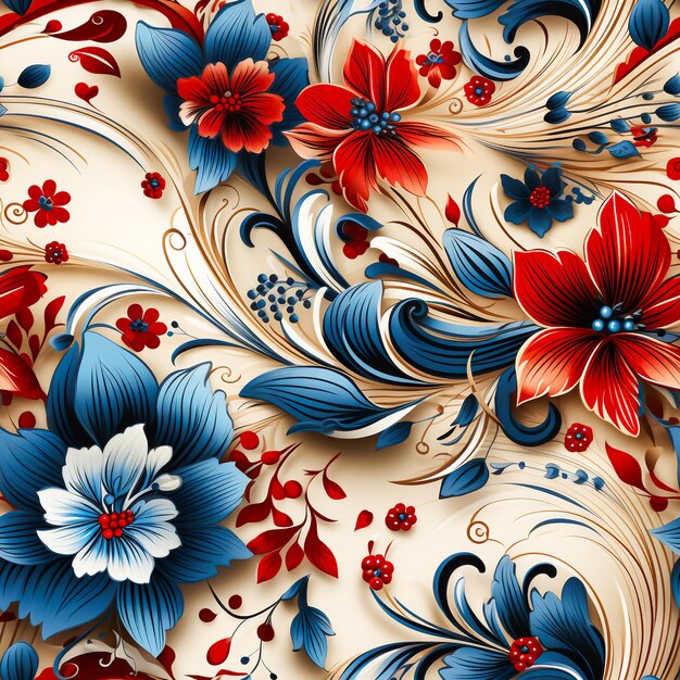 Modello senza cuciture di colore rosso e blu vintage floreale paisley adatto all'uso nella grafica Ai generativa