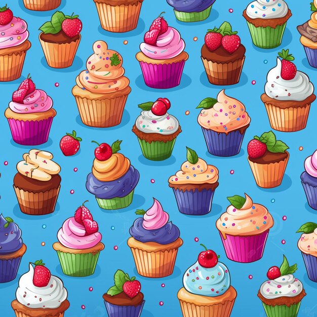 modello senza cuciture di cupcake con diversi topping su uno sfondo blu generativo ai