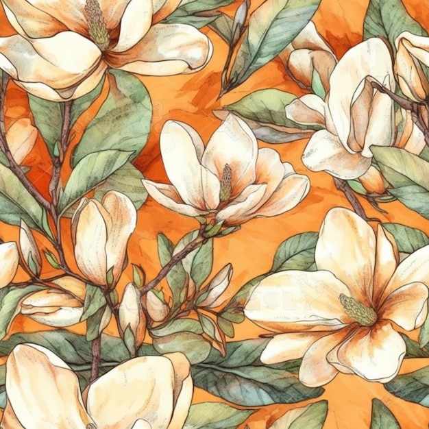 Modello senza cuciture di fiori di magnolia su uno sfondo arancione.