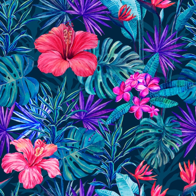 Modello senza cuciture di fiori e piante tropicali su sfondo blu Disegno ad acquerello