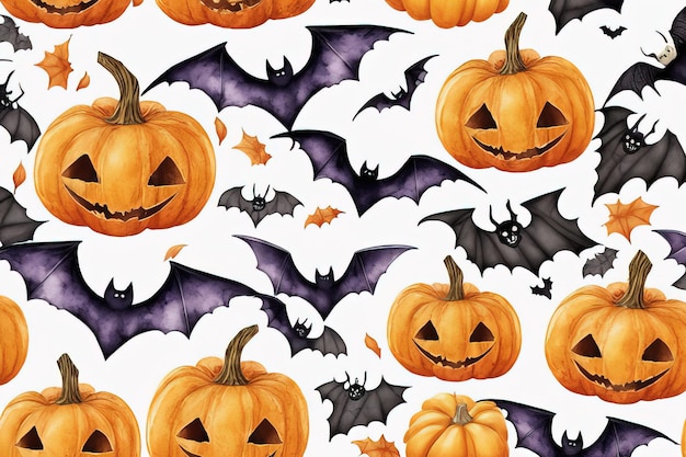 modello senza cuciture di halloween con zucche dell'acquerello pipistrello ragno zucca e pipistrelli disegnati a mano halloween