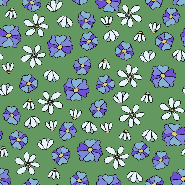 Modello senza cuciture di margherite e fiori blu in stile doodle su sfondo verde