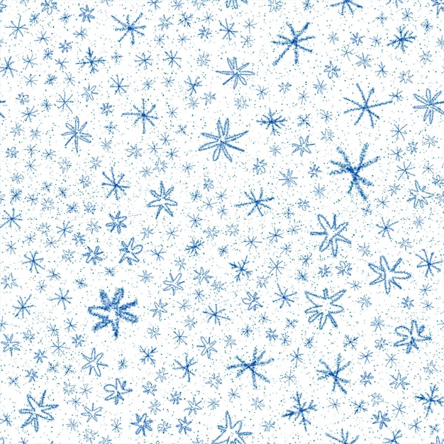 Modello senza cuciture di Natale dei fiocchi di neve disegnati a mano. Sottili fiocchi di neve volanti su sfondo di fiocchi di neve di gesso. Seducente sovrapposizione di neve disegnata a mano in gesso. Decorazione travolgente per le festività natalizie.