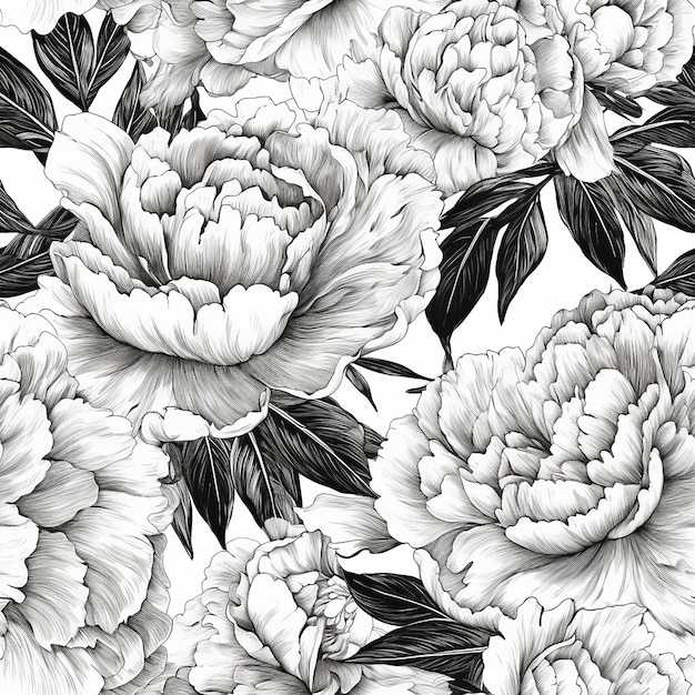 modello senza cuciture di peonie disegnate a mano in bianco e nero