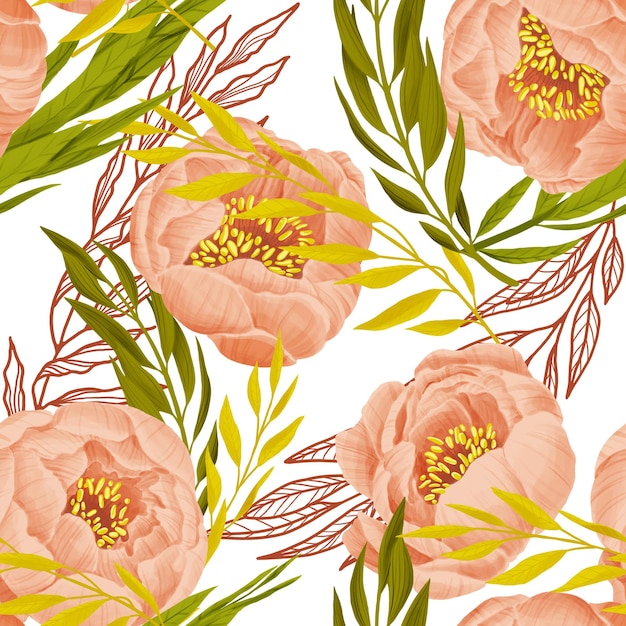 Modello senza cuciture di peonie rosa. Germogli e foglie su sfondo bianco. Illustrazione per confezionamento, carta da parati, tessile