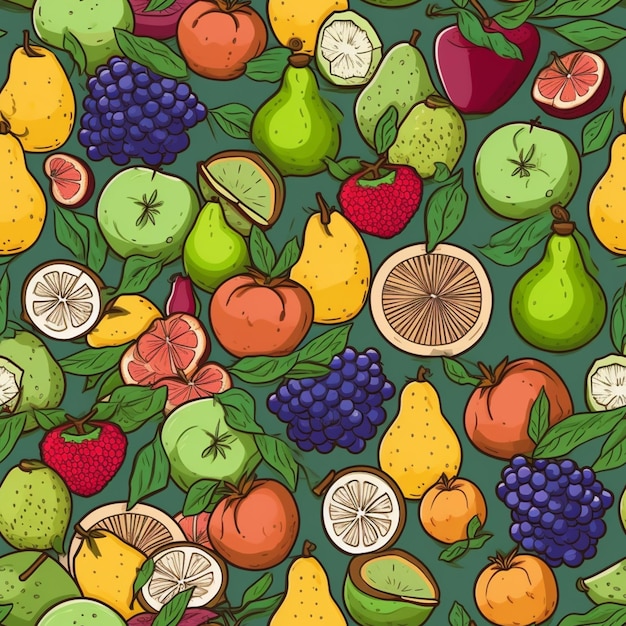 Modello senza cuciture di vari tipi di frutta e verdura su uno sfondo verde ai generativo