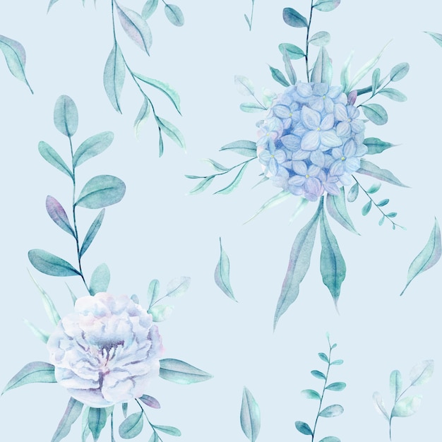 Modello senza cuciture dipinto a mano ad acquerello con fiori blu ortensia e peonia