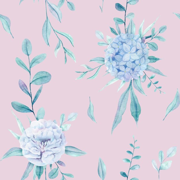 Modello senza cuciture dipinto a mano ad acquerello con fiori blu ortensia e peonia