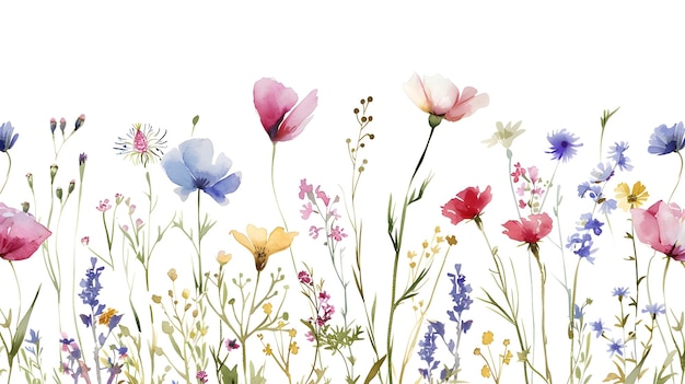 Modello senza cuciture estivo floreale lussureggiante con fiori selvatici disegnati a mano ad acquerello