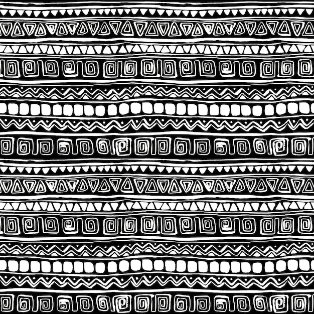 Modello senza cuciture etnico in bianco e nero. Stampa ripetuta boho disegnata a mano a guazzo. Ornamento africano monocromatico per tessuti, tessuti, carta da parati, carta da imballaggio, decorazioni.
