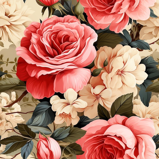 Modello senza cuciture Fiore di rosa stile vintage generato dall'intelligenza artificiale