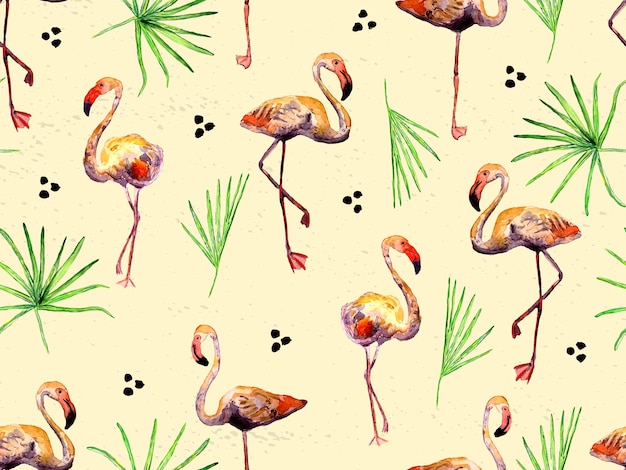 Modello senza cuciture hawaiano rosso di grande fenicottero hipster. Stampa di t-shirt ad acquerello saturo di primavera. Piastrella da bagno hipster satura con uccelli selvatici piumati. Piastrella orizzontale con fenicotteri.