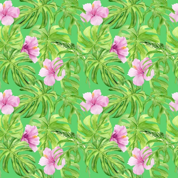 Modello senza cuciture illustrazione dell'acquerello di foglie tropicali e fiori di ibisco