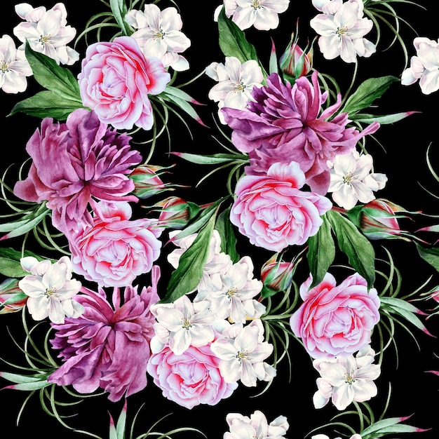 Modello senza cuciture luminoso con fiori. Peonia. Rosa. Disegnato a mano.