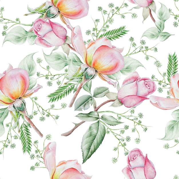 Modello senza cuciture luminoso con fiori. Rosa. Illustrazione dell'acquerello. Disegnato a mano.