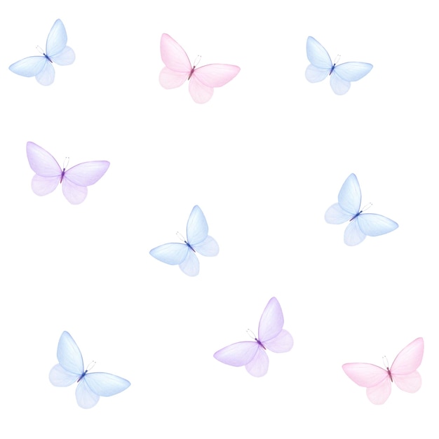 Modello senza cuciture minimalista dell'acquerello di teneri farfalle blu e rosa isolate