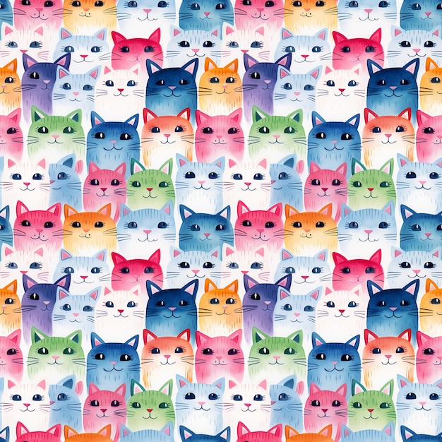 Modello senza cuciture multicolori gatti carini in colori vivaci generati ai