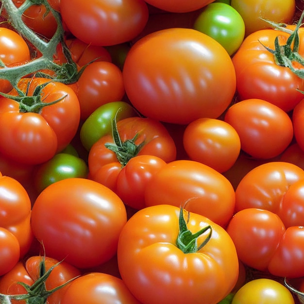 Modello senza cuciture Pomodori freschi sani in varie dimensioni e colori, mucchio di pomodoro crudo fresco.