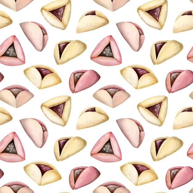 Modello senza cuciture Purim con biscotti hamantaschen dell'acquerello nei colori rosa beige su sfondo bianco