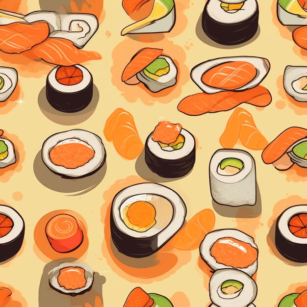 modello senza cuciture rotoli di cibo tradizionale giapponese sushi e nigiri stile cartone animato su giallo