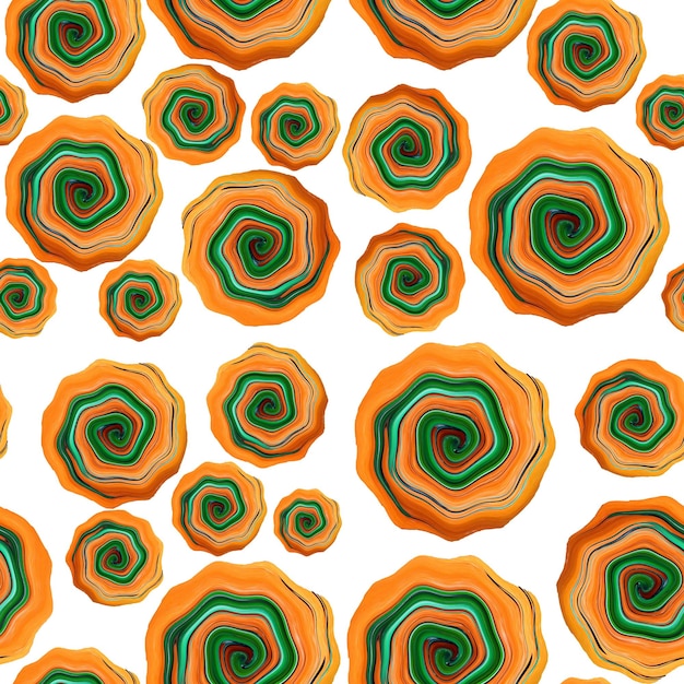 Modello senza cuciture verde arancio brillante, cerchi a spirale irregolari astratti, trama ornamentale colorata